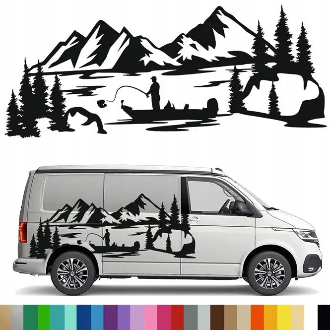 Klistremerke Grafikk til Bobil Campingvogn Fisker Sjø Fjell Fish 68x164