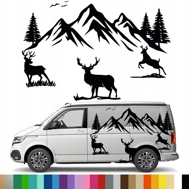 Klistremerke Grafikk til Bobil Campingvogn Fjell Mountains Hjort Natur 90x134