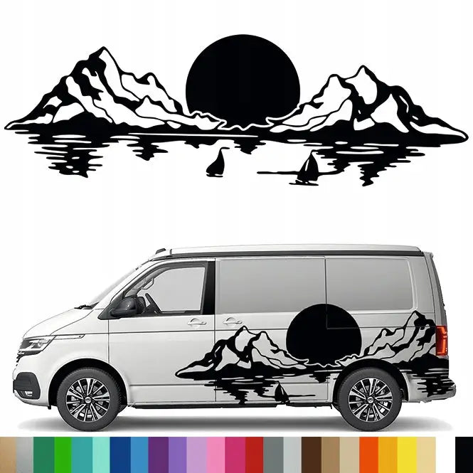 Klistremerke Grafikk til Bobil Campingvogn Fjellkjede Fjell Sol Båter 90x275