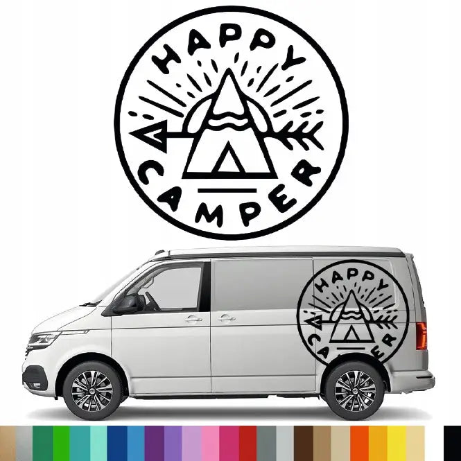 Klistremerke Grafikk til Bobil Campingvogn Happy Camper Camping Telt 90x90