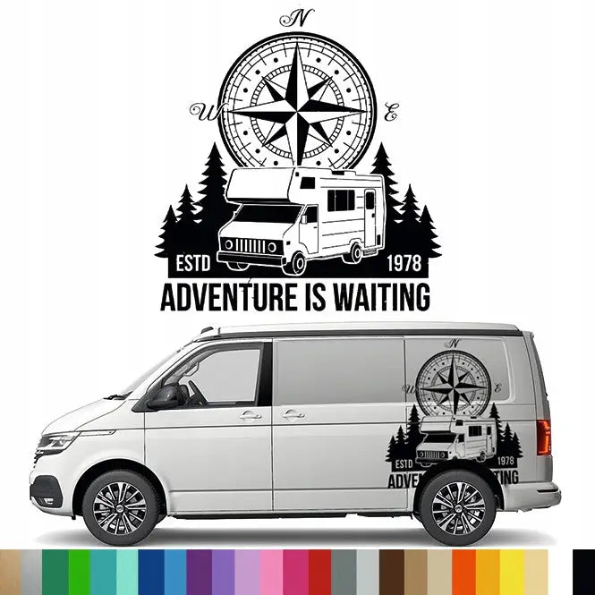 Klistremerke Grafikk til Bobil Campingvogn Kompas Skog Eventyr 90x84