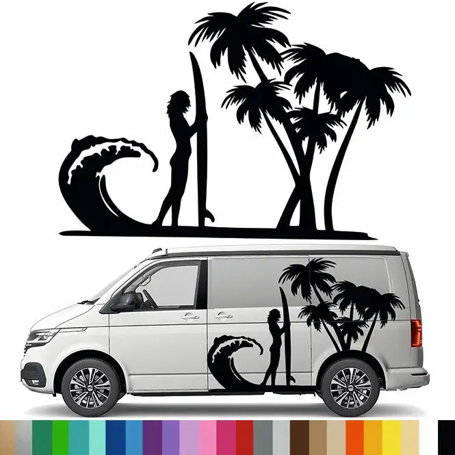 Klistremerke Grafikk til Bobil Campingvogn Surfing Palmer Bølger Silhuett 90x133