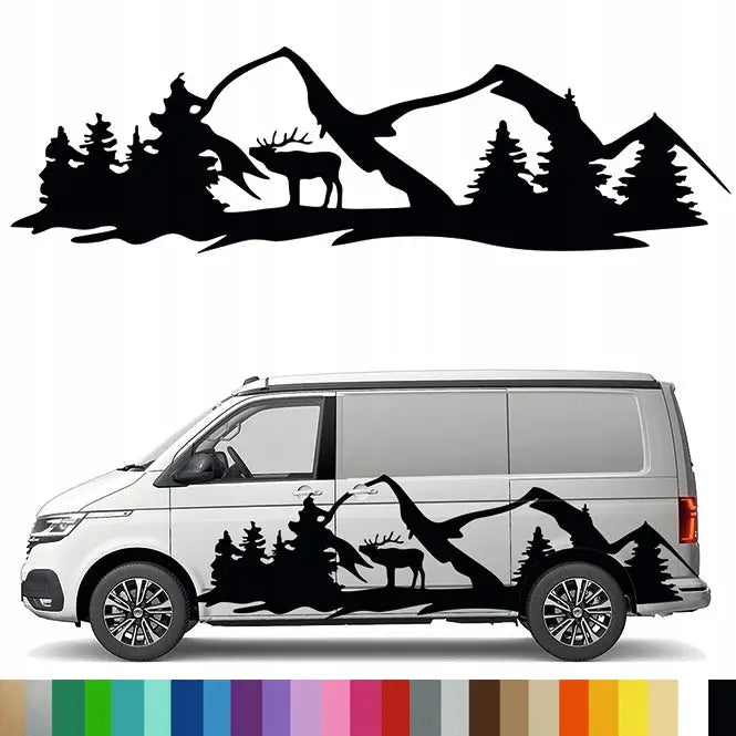Klistremerke Grafikk til Bobil Campingvogn Utendørs Fjell Elg Skog 43x150