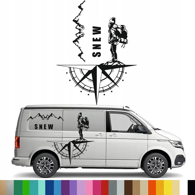 Klistremerke Grafikk til Bobil Campingvogn Vandrer Fjell Vindrose 94x102 Cm