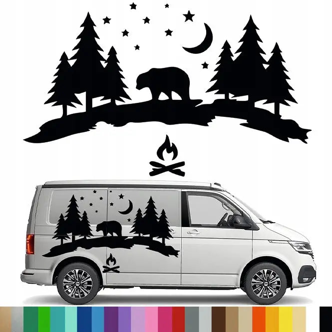 Klistremerke Grafikk til Bobil Tilhenger Bjørn Bear Mis Stjerner Skog 90x150