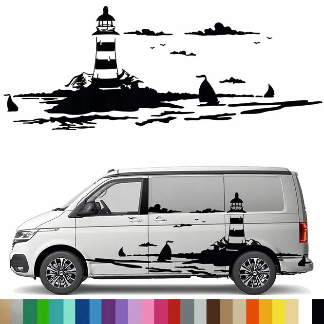 Klistremerke Grafikk til Bobil Tilhenger Fyrtårn Skip Hav 90x231