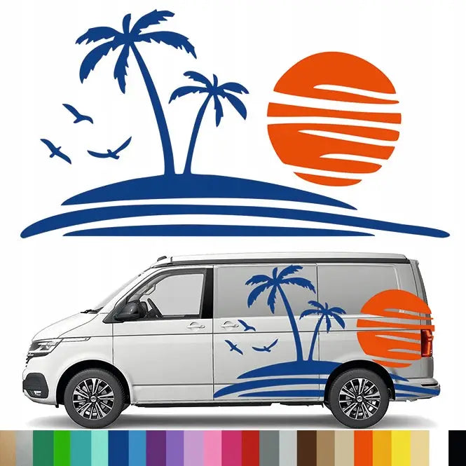Klistremerke Grafikk til Bobil Tilhenger Palme Sol øy Strand Beach 90x169