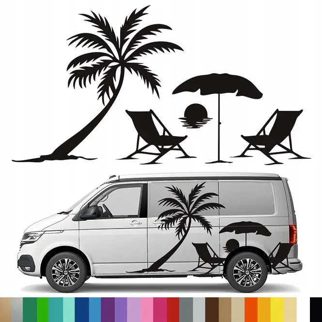 Klistremerke Grafikk til Bobil Tilhenger Sol Palmetrær øy Strand Beach 90x169
