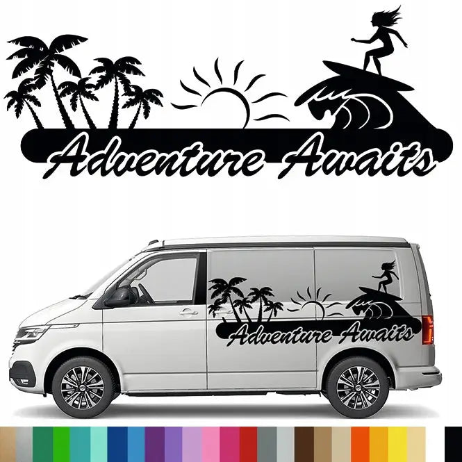 Klistremerke Grafikk til Bobil Tilhenger Surfer Eventyr Palmetrær 44x113