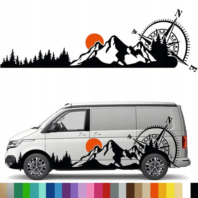 Klistremerke Grafikk til Campingvogn Fjell Kompas Vindrose Skog 90x282
