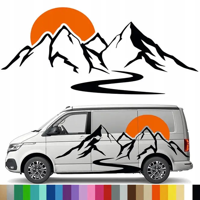 Klistremerke Grafisk Design for Bobil Tilhenger Fjell Solnedgang Vei Sun 90x204