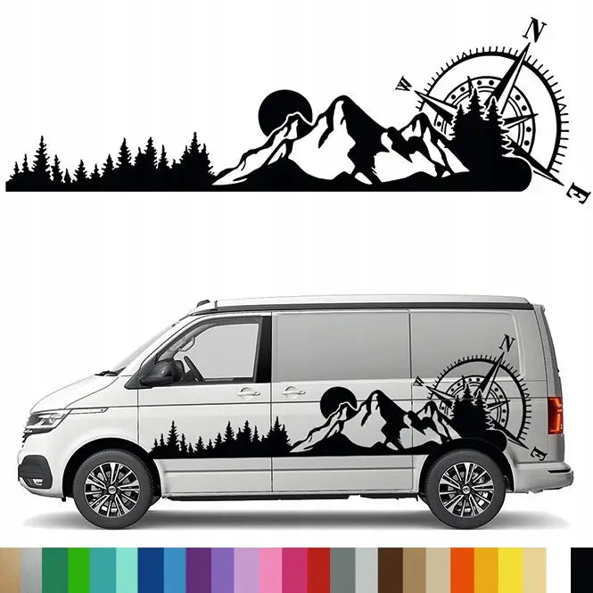 Klistremerke med Grafikk for Campingvogn Fjell Kompass Vindrose Skog 43x135