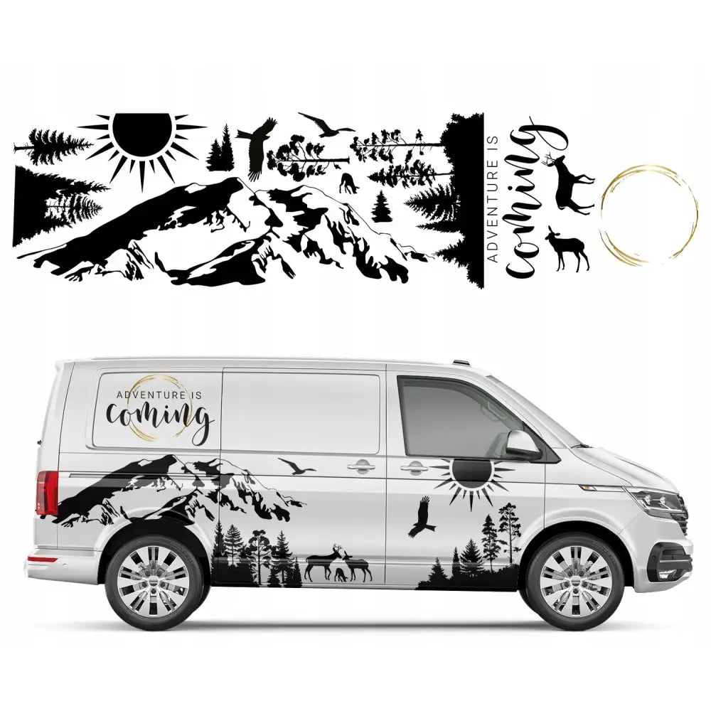 Klistremerke Motiv Bobil Camper Fjell Skog 94x364cm