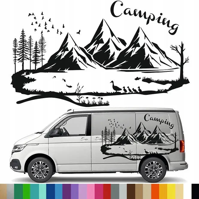 Klistremerker Grafikk Bobil Tilhenger Bjørn Camping Fjell Sjø 90x151 Cm