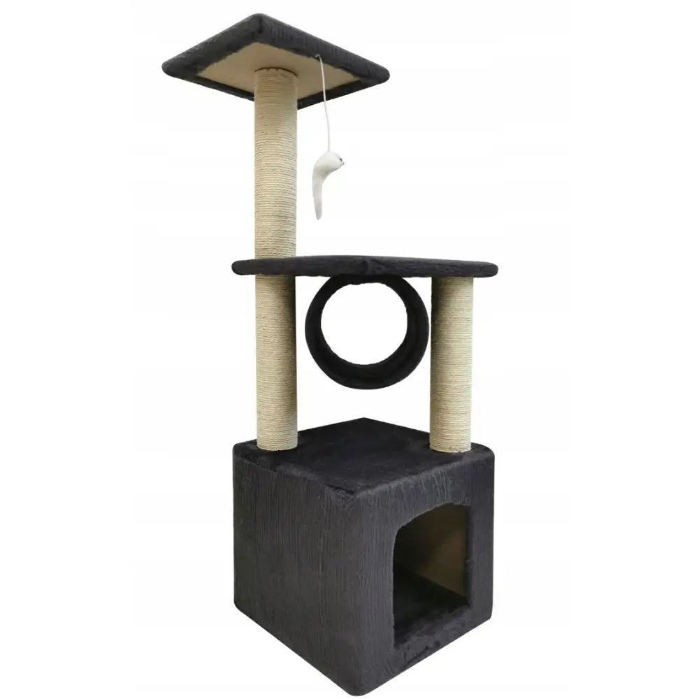 Klorestativ for katt 30x30x92 cm, sort og beige, med sisalstolper, tunnel, hule og hengende lekemus, sett fra skrå vinkel.
