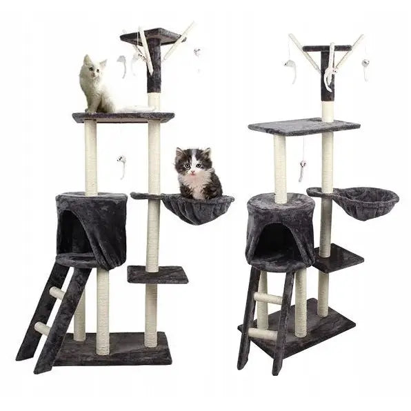 Klorestativ for katt F014 i grå plysj, med katter som utforsker hule, hengekøye og flere lekeområder.