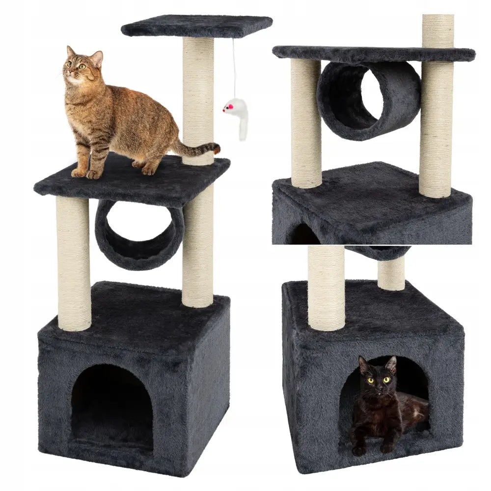 Klørestativ for katt i mørkegrå plysj med tunnel, hule, plattformer og to katter som utforsker stativet.