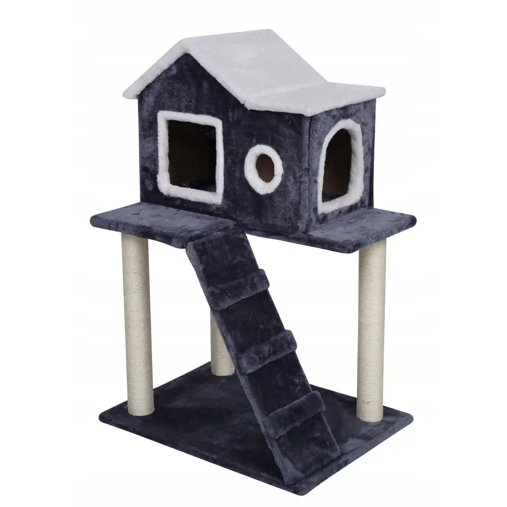 Klørestativ for katt med sovehus, mørk grå plysj, fire lyse sisalstolper, stige og plattform.