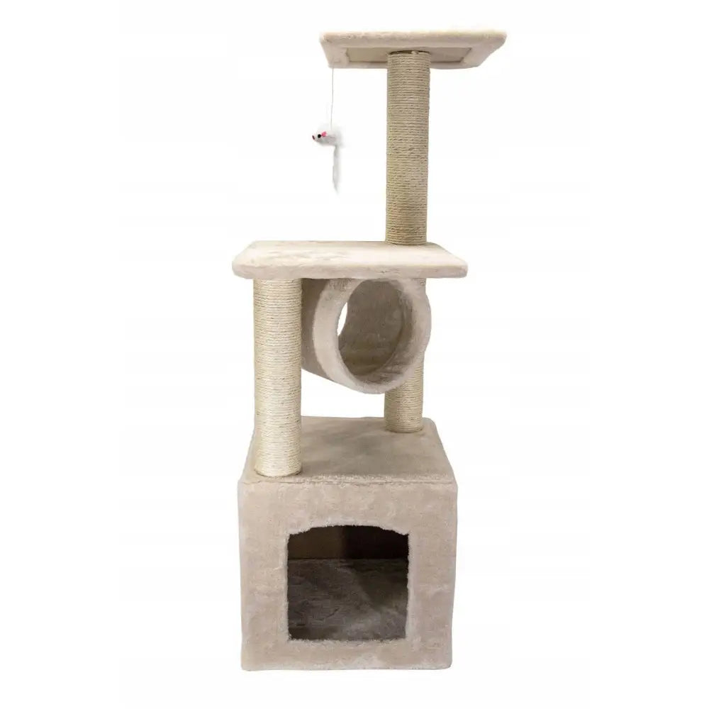 Klørestativ for katt 93cm, beige med tunnel, sisalstolper, liten hule og hengende hvit lekemus, frontvisning.