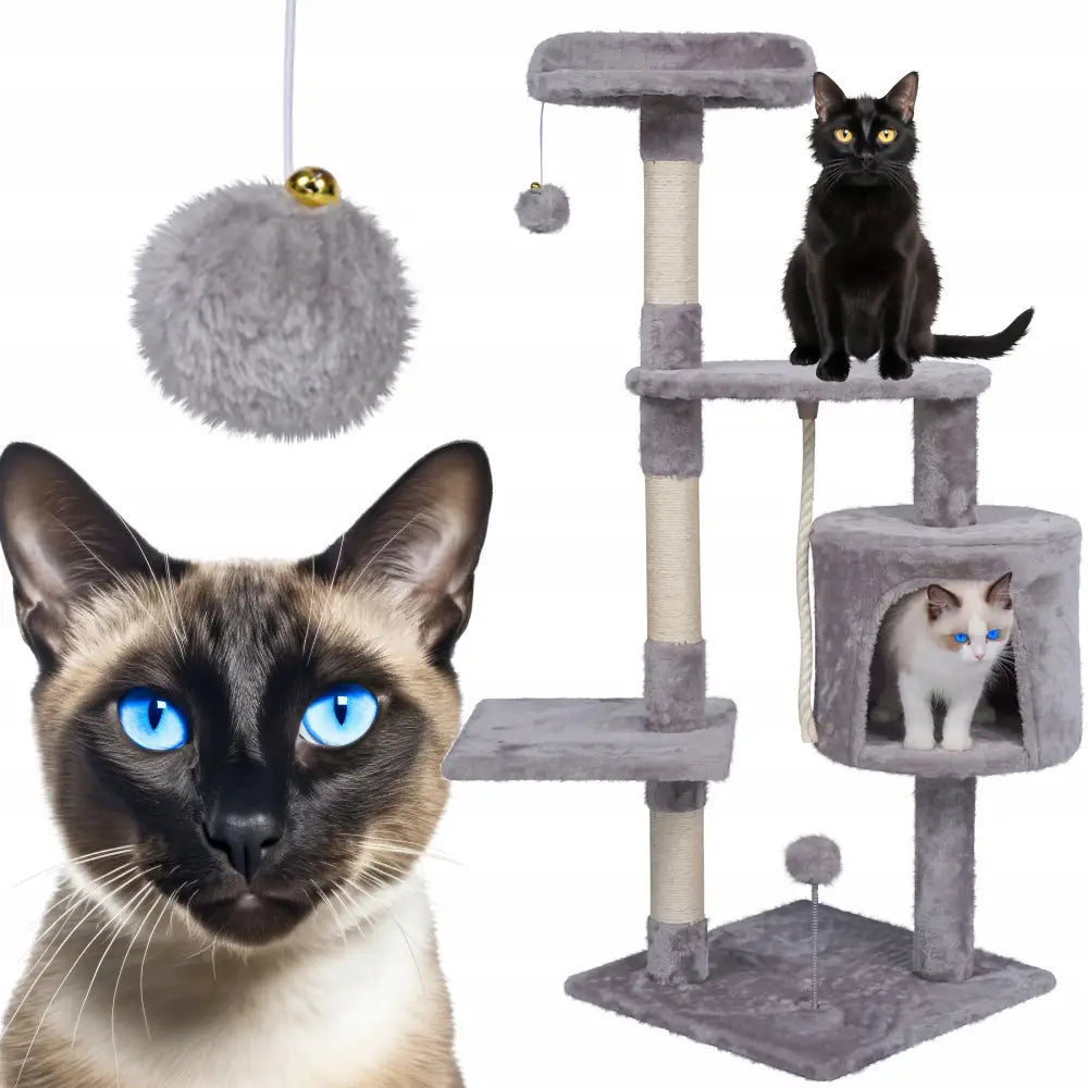 Klørestativ for katt med flere grå platåer, kloretau, hule og lekeballer, tre katter leker og hviler på stativet.