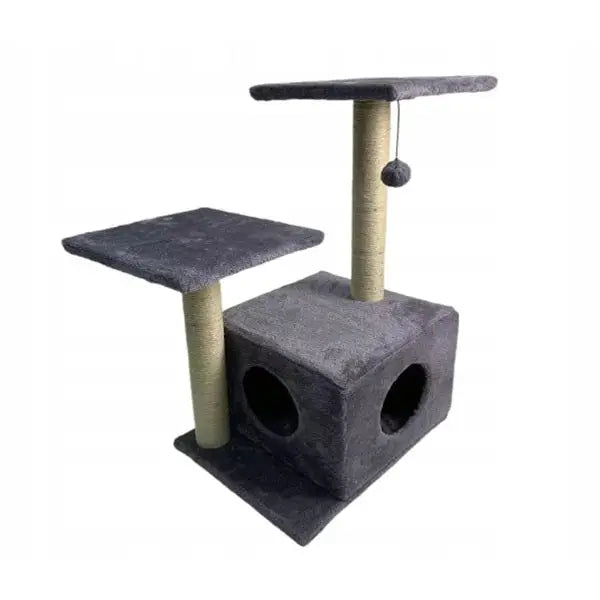 Klorestativ for katter i grått med to sisalstolper, to plattformer, sovehule og hengende lekeball øverst.