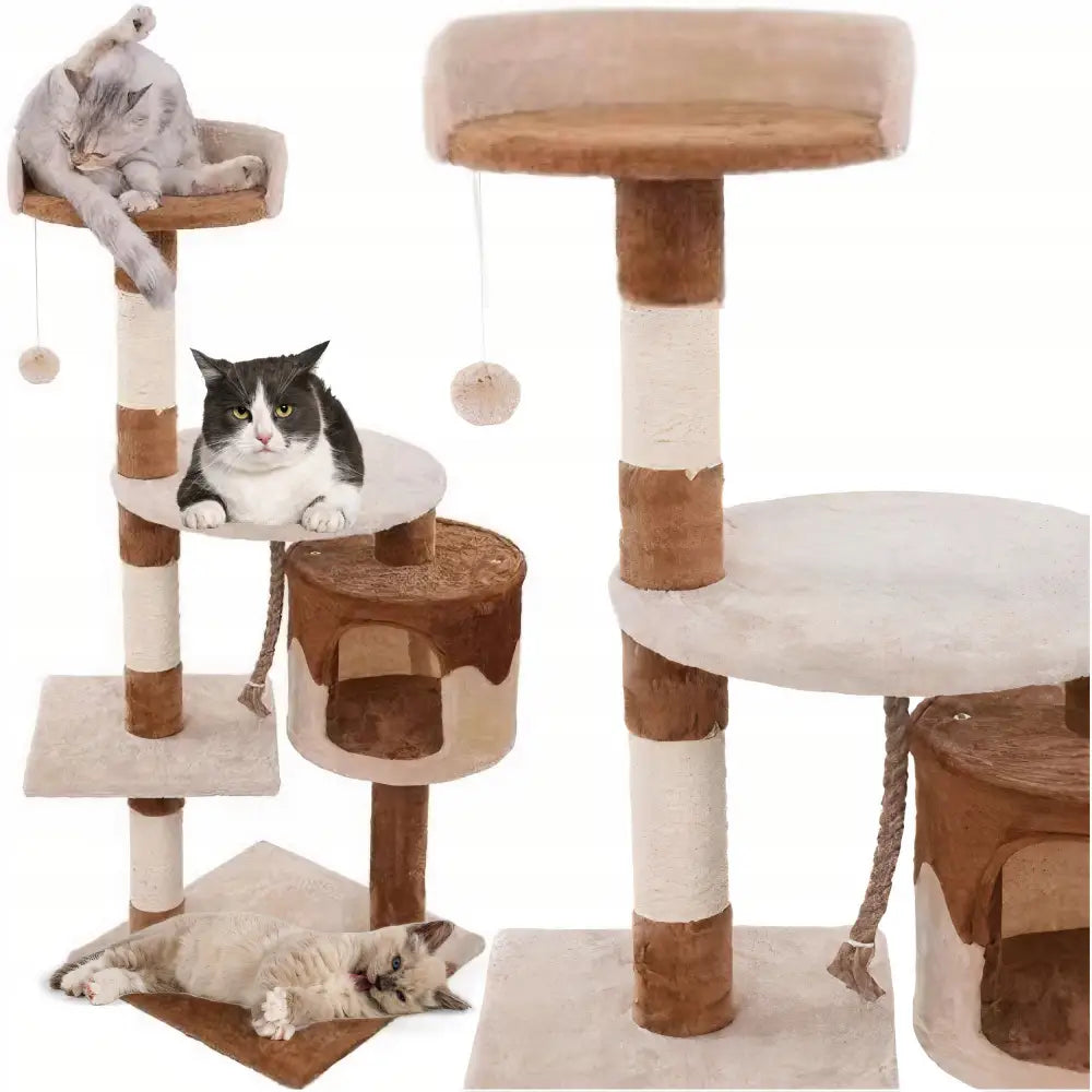 Klørestativ for katter 110cm XL i beige og brunt, katter leker på plattformer, i hytte og med hengende leker.