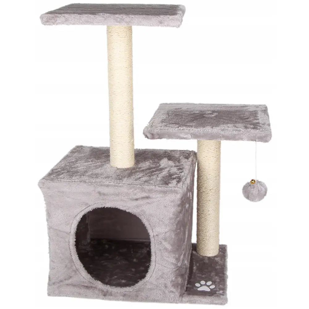 Klorestativ for katter i grått, med to sisal-klorestolper, hule, doble plattformer og hengende lekeball, sett forfra.