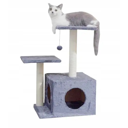 Klorestativ for katter 71cm, grått med to platåer, hule, sisalstolper og katt som hviler på øverste nivå.