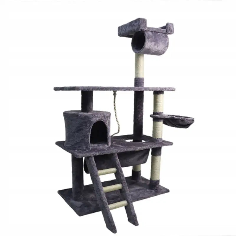 Klorestativ for katter i mørkegrå plysj med hule, rampe, plattformer, hengekøye og sisalstolper, sett fra skrå vinkel.