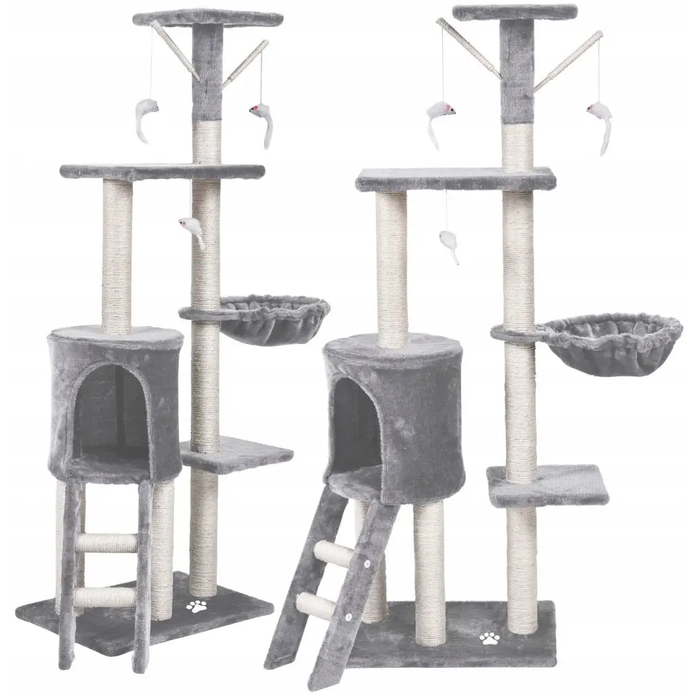 Klorestativ for katter med fem nivåer, grått design med plattformer, kloreposter, kosekurver og lekemus, sett fra skrå vinkel.
