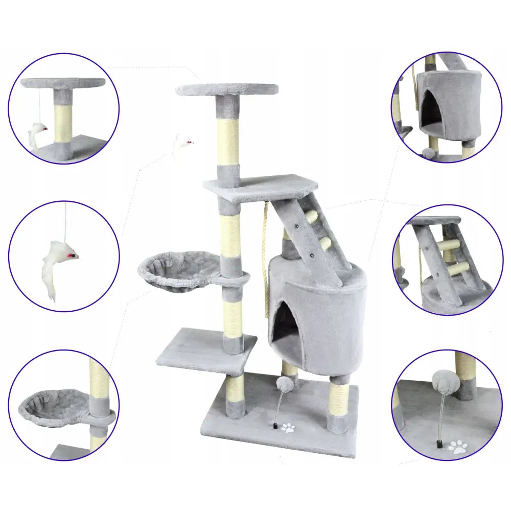 Kloretrær for katter med grå klatrestativ, hengekøye, hule og sisalstolper, vist fra skrå vinkel med detaljfokus.