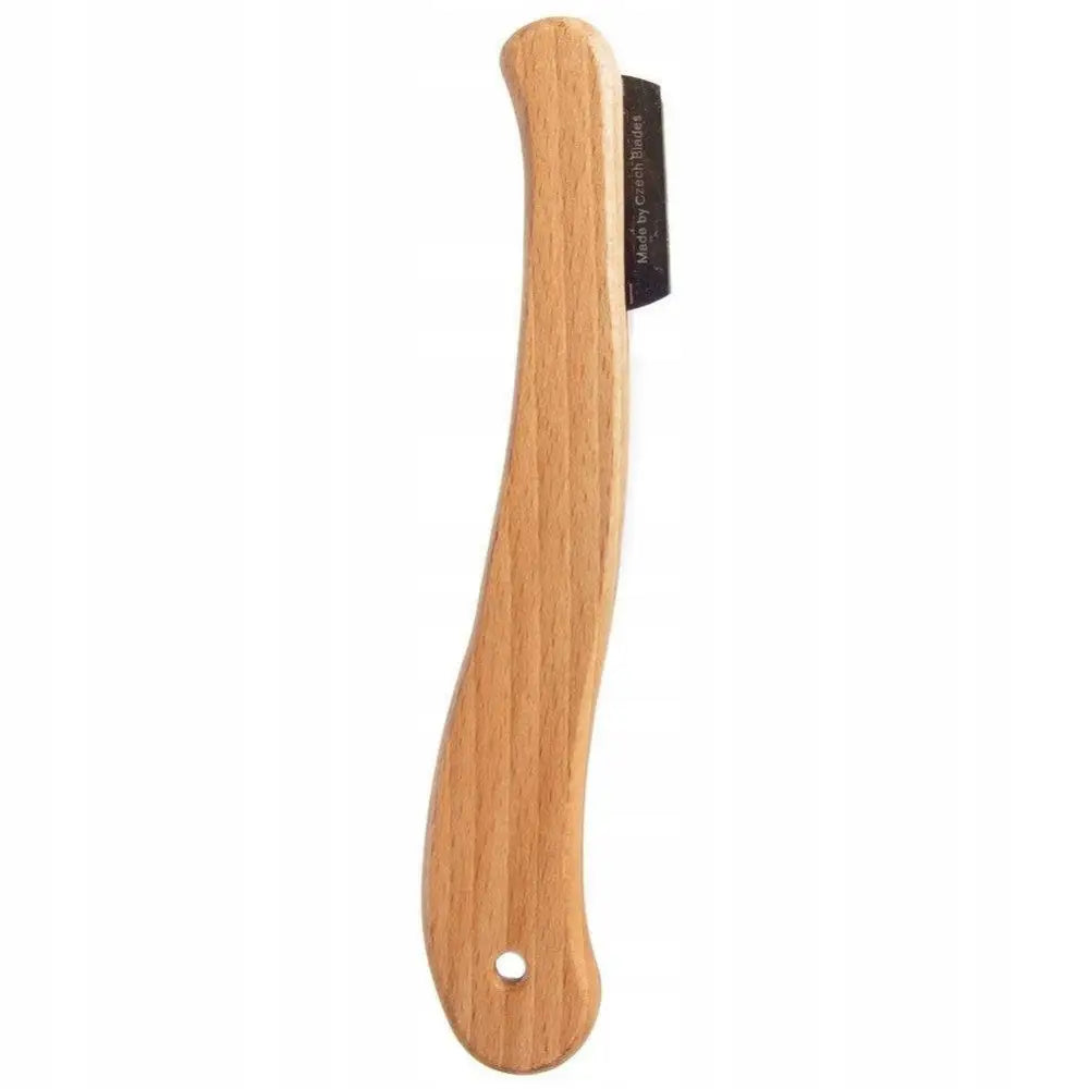 Kniv for skjæring av brød og baguetter, sidevisning av trehåndtak og kort stålklinge med hull nederst.