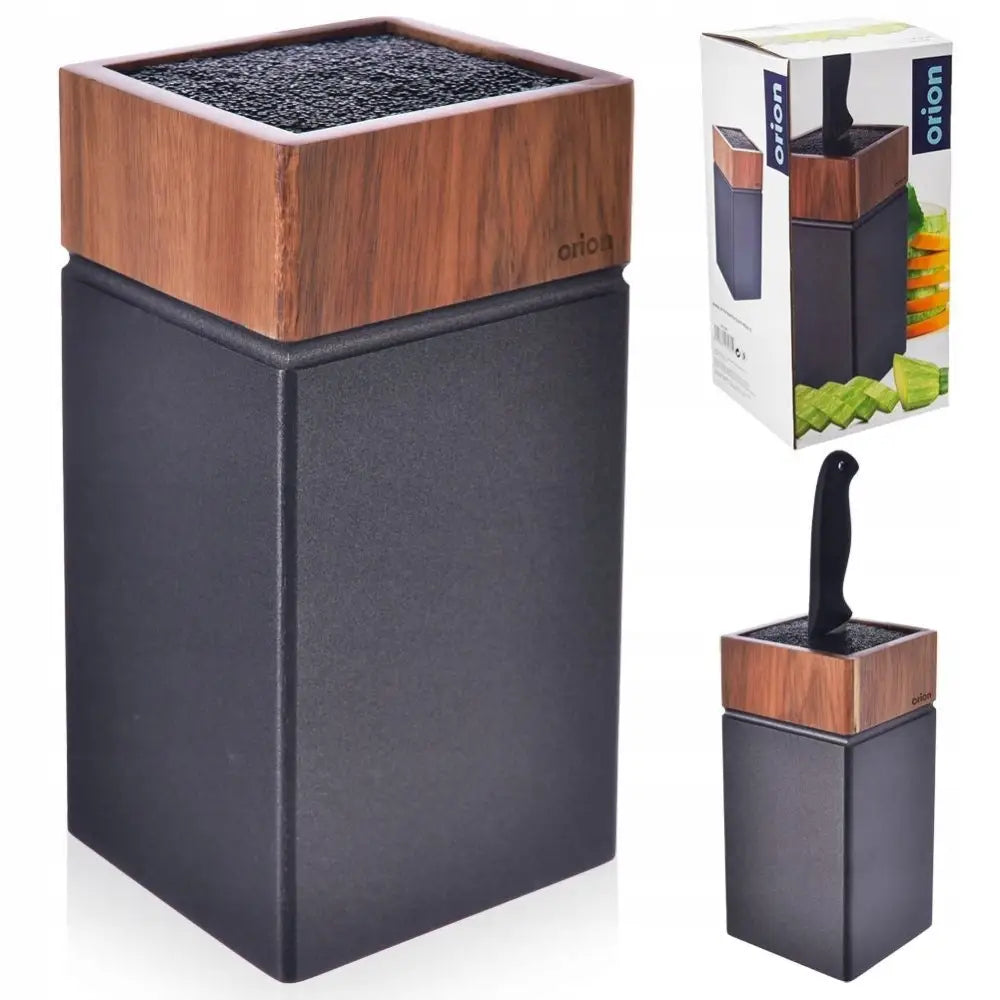 Knivblokk i treimitasjon med sort bunn, vist med kjøkkenkniv og originalemballasje fra skrå vinkel.