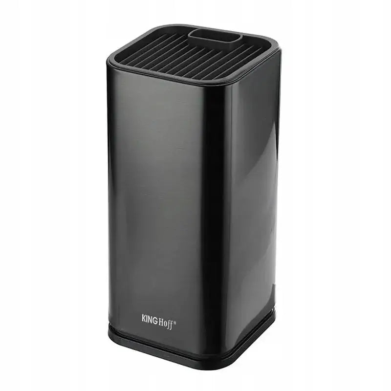 Knivholder Kinghoff, svart rektangulær beholder med riflet topp og diskret logo sett fra skrå vinkel.