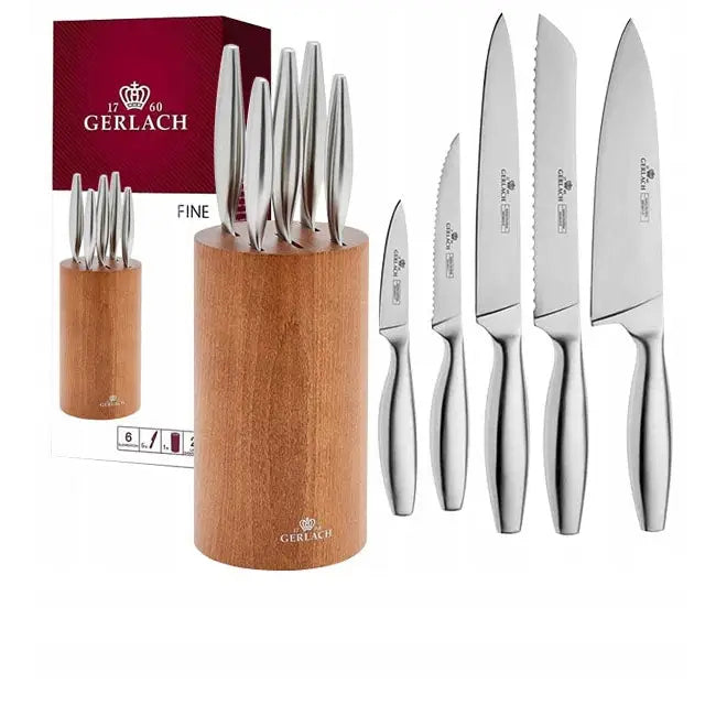 Knivsett i blokk Gerlach Fine, seks rustfrie kniver i treblokk, sidevisning av knivene.