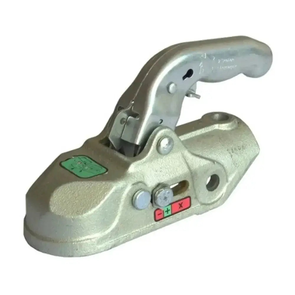 KNOTT kulekobling KF27A, skrå forfra med synlig fargemerking og symboler på sølvfarget håndtak.