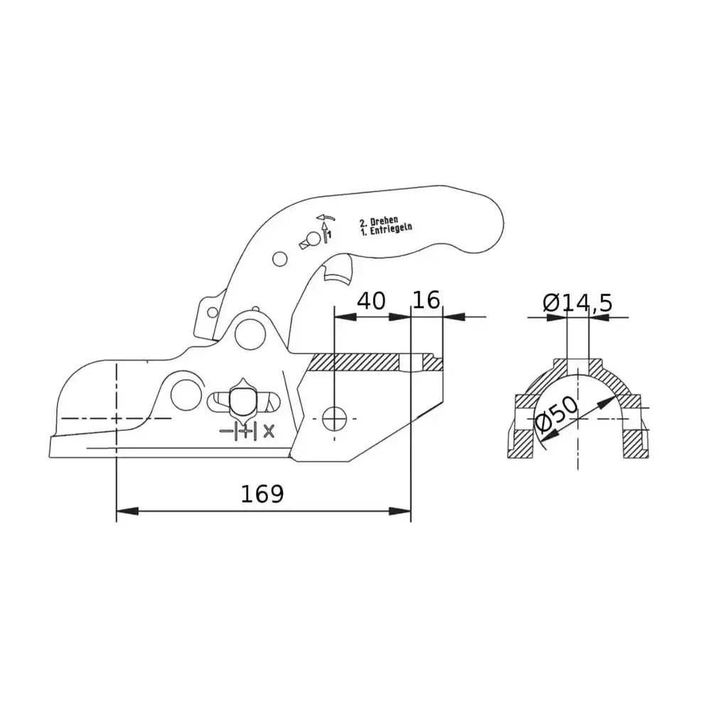 KNOTT kulekobling KF27A, teknisk strektegning med mål og detaljerte komponentdimensjoner i sideprofil.