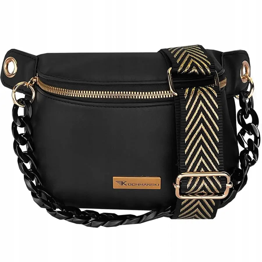 Kochmanski dame mageveske i svart skinnimitasjon, frontvisning med gullglidelås og grov kjetting.