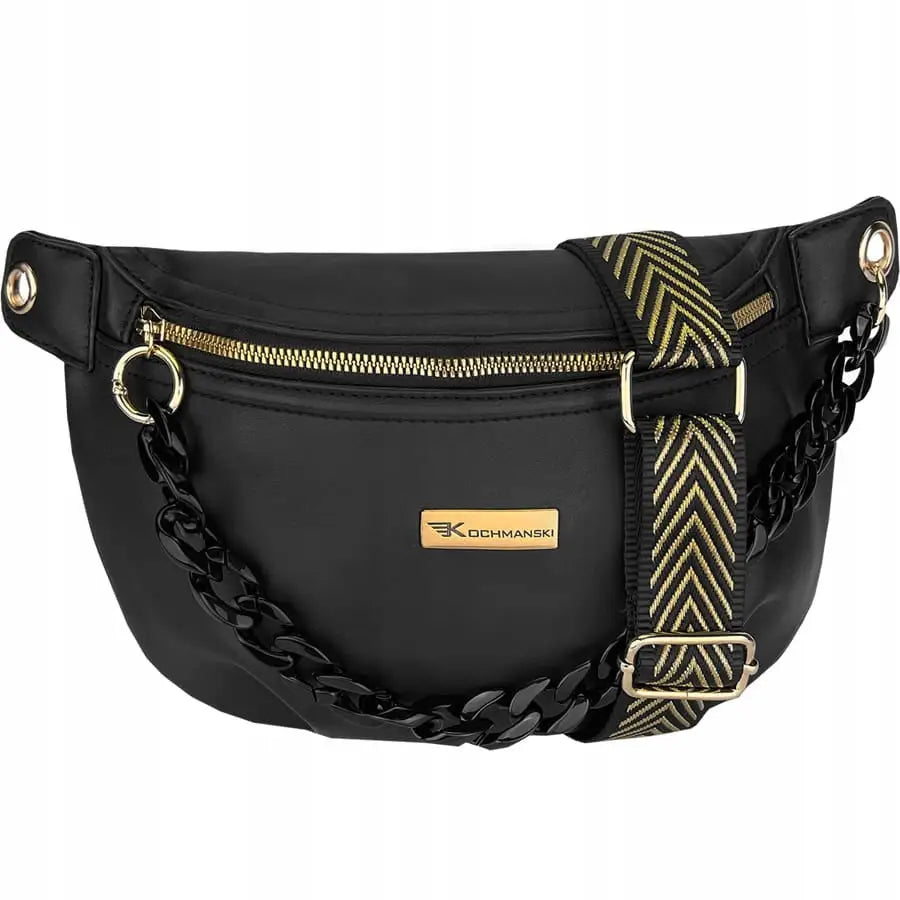 Kochmanski mageveske for kvinner i sort skinnimitasjon, frontvisning med gullglidelås og kjedelenke.