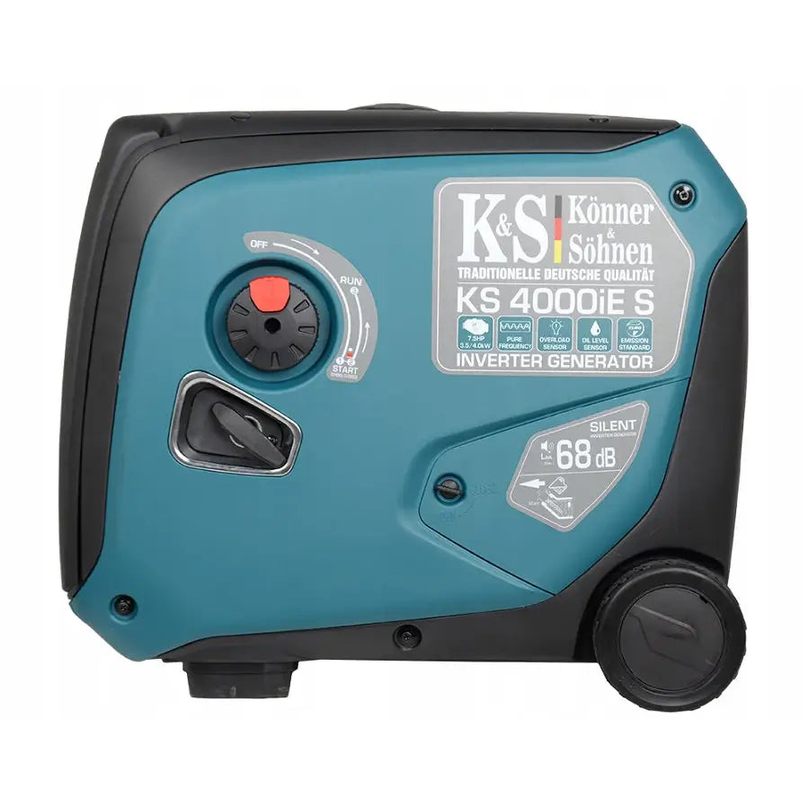 Könner & Söhnen invertergenerator 3,5 kW, sidevisning med kontrollpanel, hjul og teknisk info på frontpanelet.