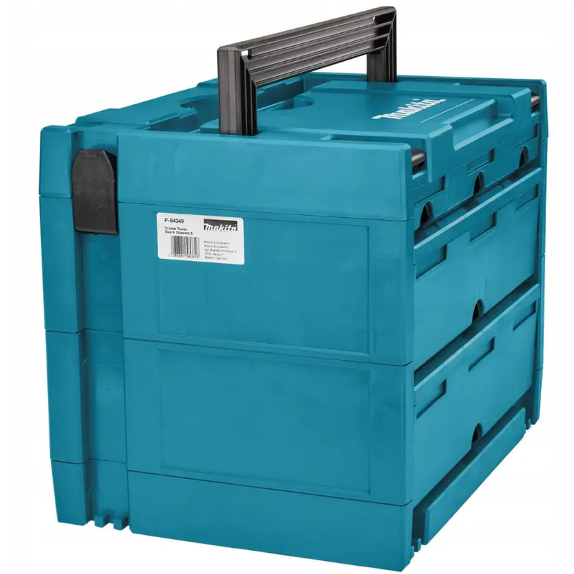 Koffertorganisator med 5 skuffer fra Makita, skrå vinkel som viser skuffene og solid sort bærehåndtak.