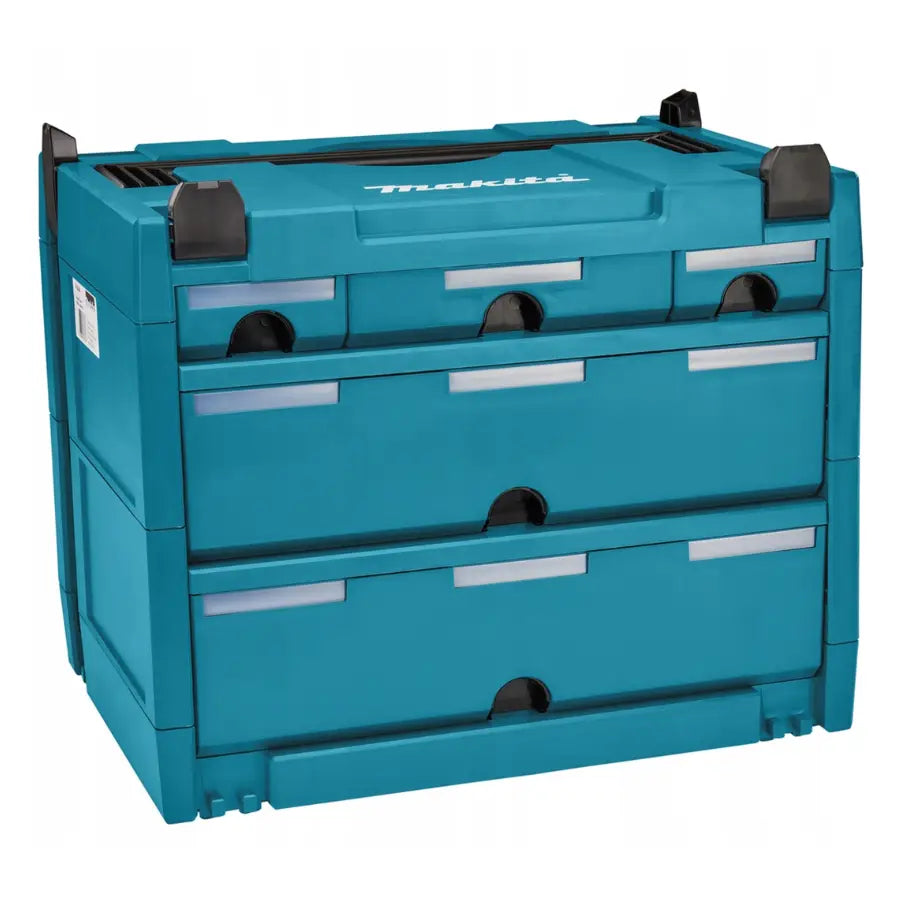 Koffertorganisator med 5 skuffer fra Makita, frontbilde som viser turkis plastboks med sorte håndtak og hjørnebeskyttere.