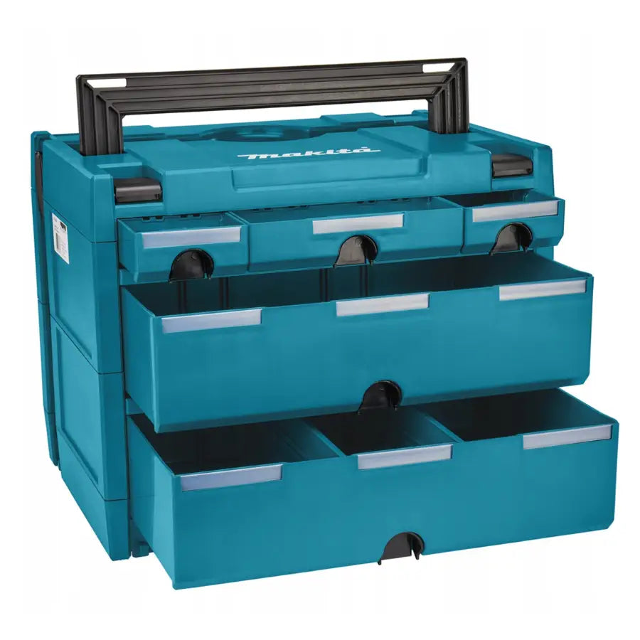 Koffertorganisator med 5 skuffer fra Makita, skråvisning som fremhever turkis plast og sorte håndtak.