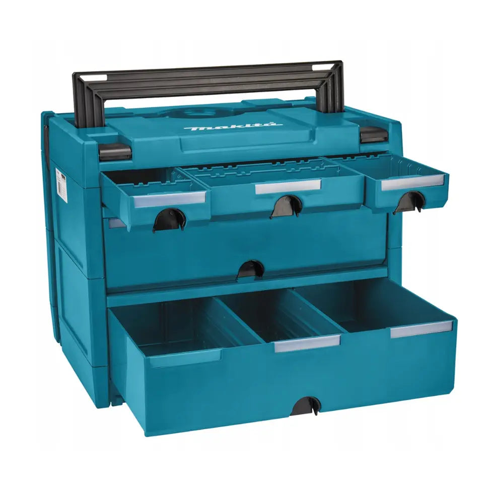 Koffertorganisator med 5 skuffer, blå plastboks sett forfra med sort bærehåndtak og åpne sorteringsrom.
