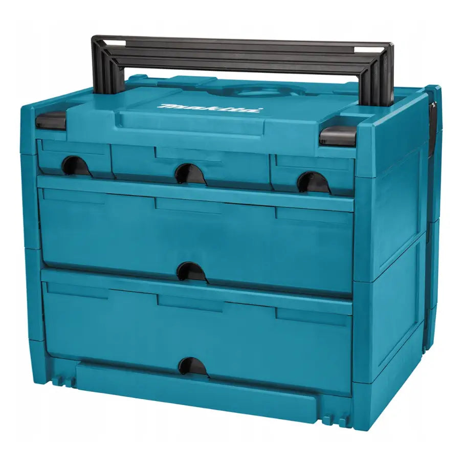 Koffertorganisator med fem blå skuffer fra Makita, skrå frontvisning med stor svart bærehank og åpnehull.