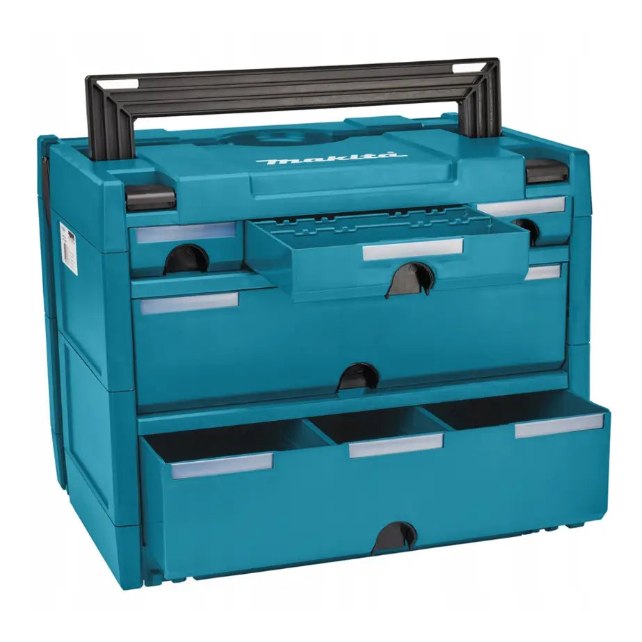 Koffertorganisator med 5 skuffer fra Makita, blå plastkasse med inndelte uttrekksskuffer og sort håndtak.