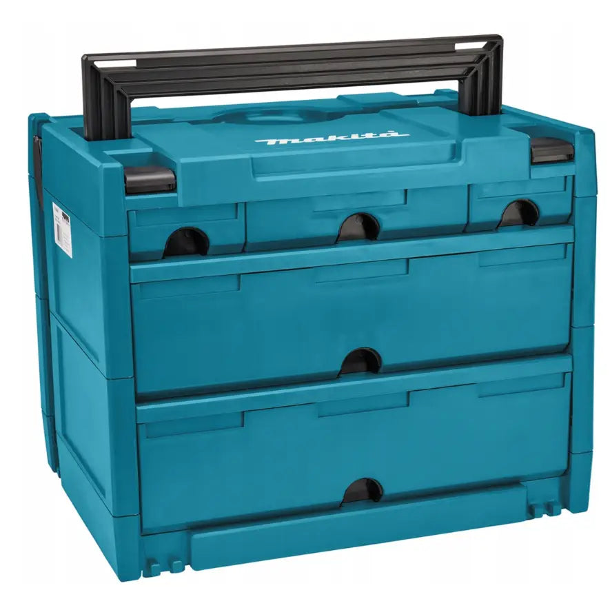 Koffertorganisator med 5 skuffer, turkis plastboks med sorte detaljer, skrå frontvisning mot venstre.