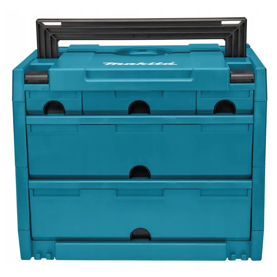 Koffertorganisator med 5 skuffer fra Makita, frontbilde som viser blå plastkasse og sort bærehåndtak.