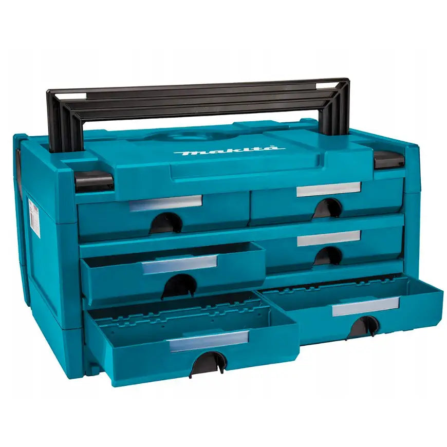 Koffertorganisator med seks åpne skuffer fra Makita, skråvisning med sort håndtak og sølvdetaljer.
