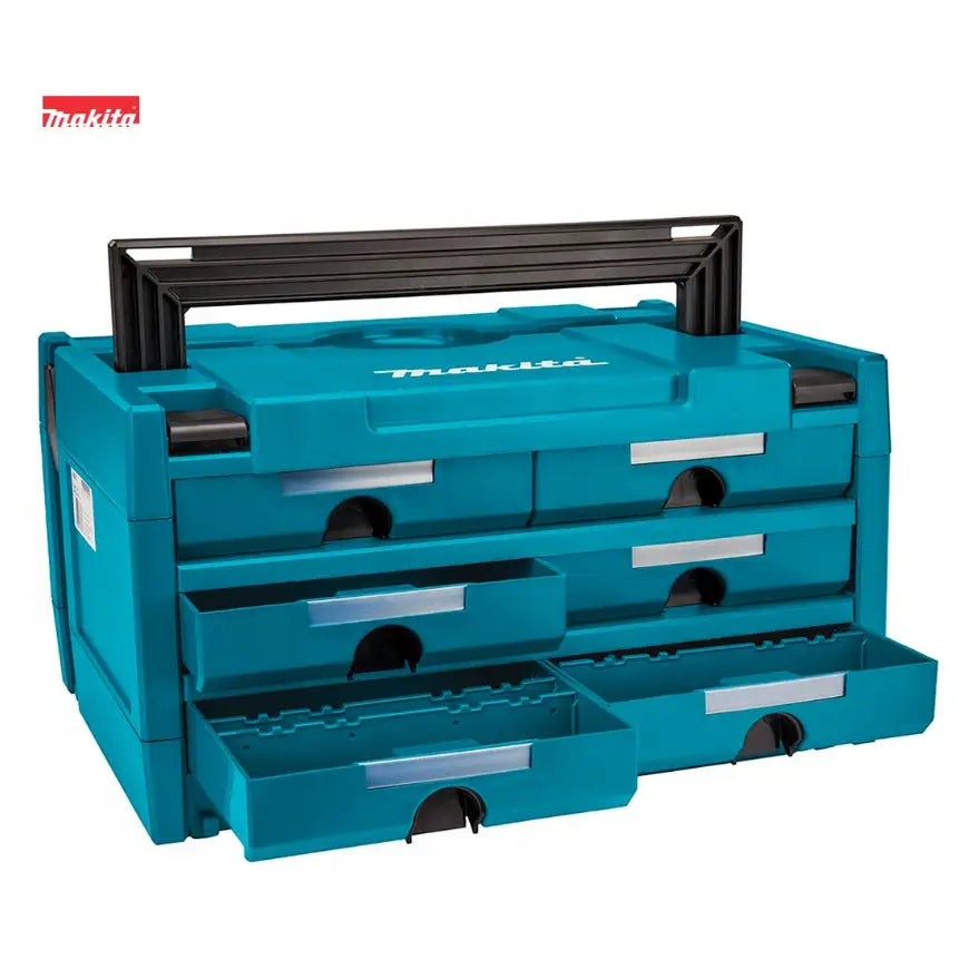 Koffertorganisator med seks skuffer fra Makita, skråfront med synlige uttrekksskuffer og sort bærehåndtak.